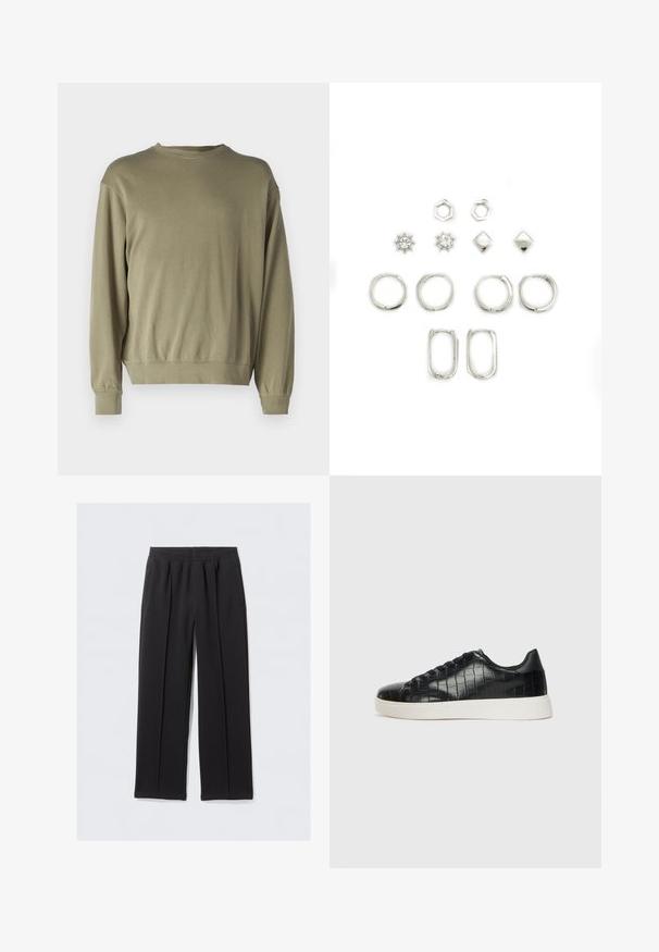 Olive green, long-sleeve sweatshirt made of soft cotton blend. Features a round neckline and ribbed cuffs with a relaxed fit.; Black, wide-leg trousers made of textured fabric with an elastic waistband and two side pockets. Features front pleats for tailored appearance.; Black sneakers featuring a textured croc-embossed leather upper, rounded toe, and a contrasting white rubber sole with a smooth finish.; Set of silver earrings featuring various shapes: hoops, hexagons, diamonds, and sun designs, some with clear crystals, smooth texture.