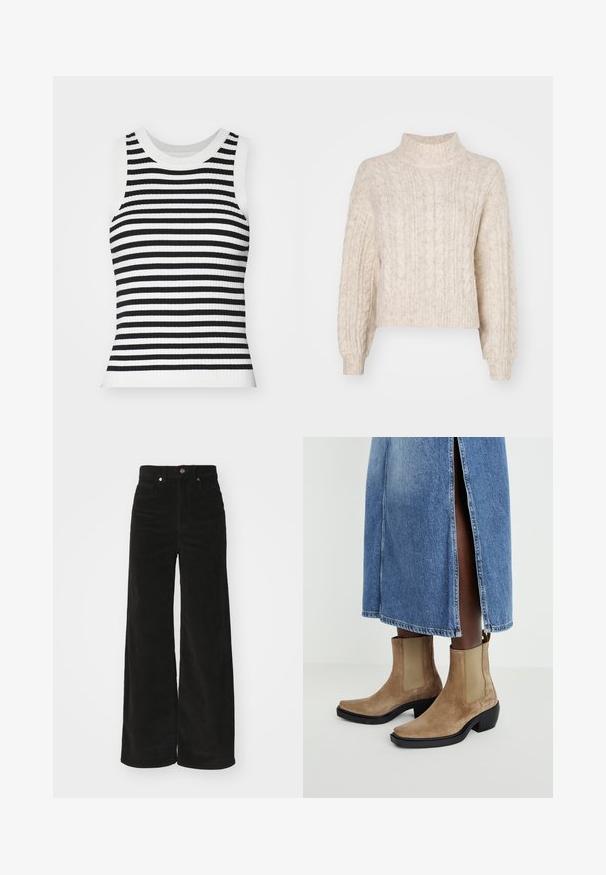 Kreemivalge lühike sviiter kõrge kaelusega, millel on tekstuuriga nöörkoe muster ja pikad, veidi puhvsooned varrukad.; Ribasi kudumata ilma varrukatega topp, millel on must-valged horisontaalsed triibud, ümmargune kaelus ja liibuv siluett.; Mustardid mustad laiad püksid kõrge vöökoht, millel on kaks eesmist taskut ja metall-nupuga sulgemine. Tekstuuriga kangas koos vertikaalsete vöönditega.; Küpsetatud nahast vasika-kõrgused saapad beežides toonides, elastsete külgpanelitega ja musta plokkninakuga. Kantud helesinise teksaseeliku kõrval lõhikuga.