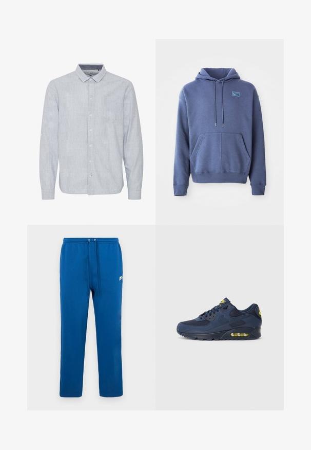 Blå huvtröja i mjukt material med en framficka, snörning i huvan och en liten broderad logotyp på bröstet.; Ljusblå skjorta med knappar och vertikala vita ränder, krage, en bröstficka och alternativ för uppkavlade ärmar. Bomullstyg.; Blå bomulls-sweatpants med elastisk midjeband och dragsko, med en vit logga på sidan. Rak ben-design, utan mönster.; Mörkblå Nike Air Max sneakers med ovandel i mocka och mesh, med gula detaljer, snörning fram och synlig luftkuddsdämpning i sulan.