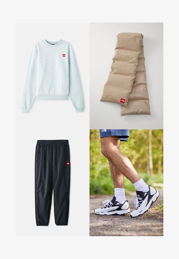 Lyseblå sweatshirt i et blødt, tekstureret stof. Har en ribbet rund hals og manchetter, samt et lille rødt logo på brystet.; Lysegrøn kortærmet t-shirt lavet af blød bomuld, med et lille rødt logo på venstre brystområde. Løs pasform og rund halsudskæring.; Sorte letvægtsbukser lavet af syntetisk materiale, med elastisk talje, lynlåslommer på siden og et lille rødt logo-patch.; Sorte og hvide sportsko med mesh-overdel, teksturerede accenter og hvide snørebånd. Båret med hvide ankelstrømper og marineblå shorts på en sti.; Beige puffer tørklæde med en tekstureret overflade, består af polstrede sektioner og har et rødt logo-mærke på den nederste kant.