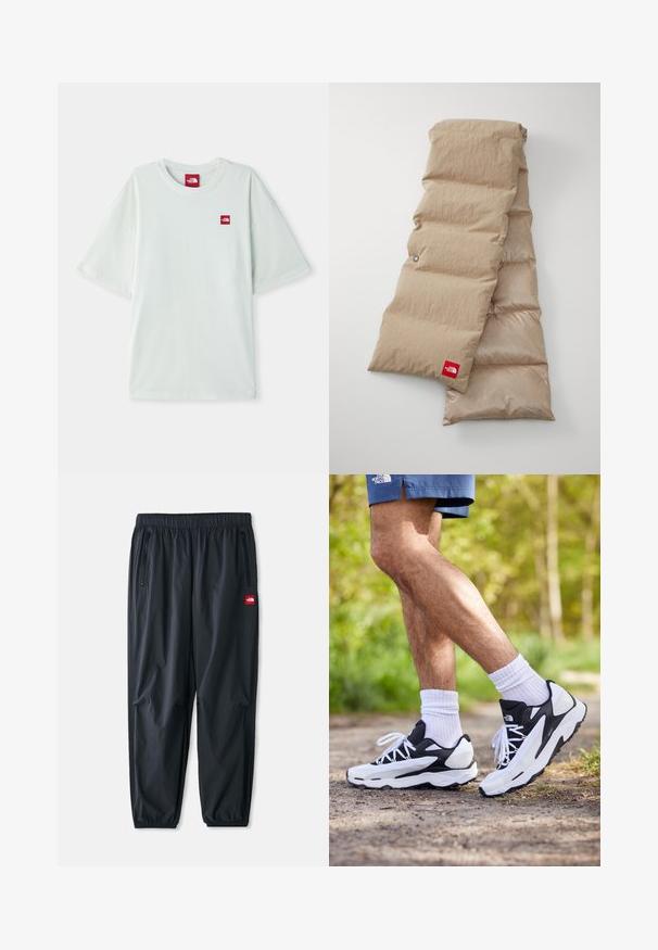 Svetlo modrá mikina z jemnej, štruktúrovanej tkaniny. Má rebrovaný výstrih a manžety, s malým červeným logom na hrudi.; Svetlozelené tričko s krátkymi rukávmi vyrobené z mäkkého bavlneného materiálu, so malou červenou logovou nášivkou na ľavej strane hrude. Vo voľnom strihu a s okrúhlym výstrihom.; Čierne ľahké nohavice vyrobené z syntetického materiálu, s elastickým pásom, bočnými vreckami na zips a malou červenou nášivkou s logom.; Čierne a biele športové topánky s sieťovinovým zvrškom, textúrovanými akcentmi a bielymi šnúrkami. Nosené s bielymi ponožkami po členky a tmavomodrými šortkami na chodníku.; Béžový pufový šál s textúrovaným povrchom, pozostávajúci z vypolstrovaných častí, a na dolnom okraji má červenú logovú etiketu.