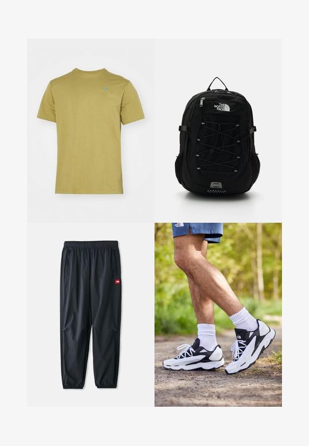 Šviesiai mėlynas sportinis megztinis iš minkštos, tekstūrinės medžiagos. Turi įgulos tipo iškirpimą ir rankogalius su raštu, o krūtinėje yra mažas raudonas logotipo ženkliukas.; Klättermusen ROOT LOGO TEE - Paprasti marškinėliai - meadow green; Juodi lengvi kelnes pagamintos iš sintetinio audinio, su elastingu juosmeniu, užtrauktukais šoninėmis kišenėmis ir mažą raudoną logotipo etikete.; Juodos ir baltos sportinės bateliai su tinkline viršutine dalimi, tekstūriniais akcentais ir baltomis raištelėmis. Dėvimi su baltomis kulkšnies kojinėmis ir tamsiai mėlynomis šortais takelyje.; Juodas kuprinė su glotnia dizainu, turinti priekinį bungee virvę, tinklines šonines kišenes ir logotipą. Pagaminta iš patvarios medžiagos.