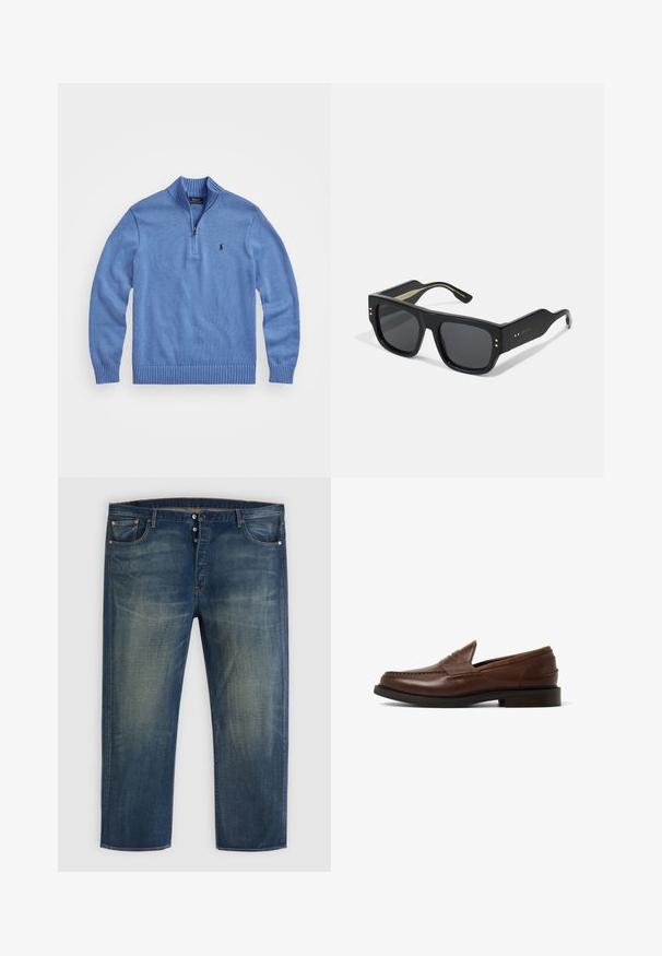 Light blue, knitted pullover sweater with a high collar, quarter-zip, ribbed cuffs and hem, featuring a small logo on the left chest.; Blue denim jeans with button fly, classic five-pocket design, and faded detailing on thighs and knees.; Brown leather loafers with a rounded toe, inset stitching detail, and a low stacked heel. Smooth texture and minimalist design.; Black sunglasses with thick, square plastic frames and tinted lenses. Features gold hardware accents at the temples and a matte finish.