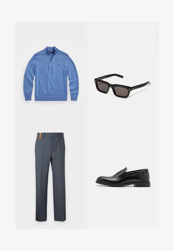 Svijetloplavi, pleteni pulover s visokim ovratnikom, četvrtim zatvaračem, rebrastim manžetama i donjim rubom, s malim logotipom na lijevoj strani prsnog koša.; Sive vzorirane hlače z gladko teksturo, z ravnim sprednjim delom in rjavim usnjenim dodatkom na pasu. Prilagojen kroj s pravimi nogami.; Črne usnjene loafer čevlje z gladko teksturo, zaobljenim nosom in dekorativnim trakom čez zgornji del. Nizka zložena peta, minimalističen dizajn.; Črne pravokotne sončna očala s temnimi lečami, debelim plastičnim okvirjem, zlatimi detajli na templjih in izgravirano blagovno znamko na ročaju.
