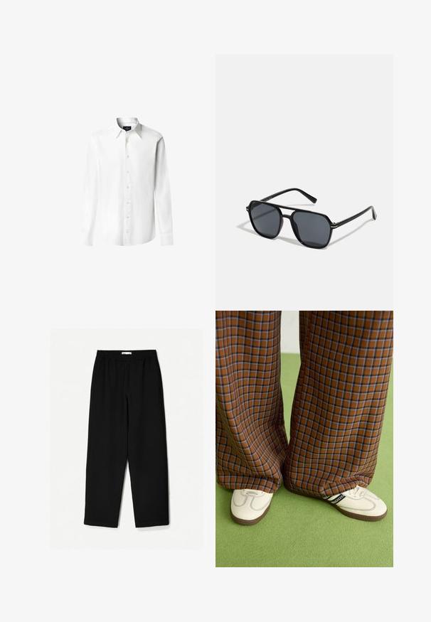 Schwarzer Fleecepullover mit hohem geripptem Kragen, halbseitigem Reißverschluss und überschnittenen Schultern. Verfügt über eine lockere Passform sowie gerippte Bündchen am Saum und an den Ärmelenden.; Hackett London Hemd - white; Schwarze, weit geschnittene Hose aus leichtem Stoff. Mit elastischem Bund und glatter Textur. Keine sichtbaren Muster oder Beschläge.; Braun und blaue Karohosen mit weitem Bein, kombiniert mit weißen Schuhen mit schwarzen Akzenten und strukturierten Sohlen, vor einem grünen Hintergrund.; Schwarze Sonnenbrille mit achteckigem Rahmen, dunklen Gläsern, glänzender Oberfläche, dünnen Bügeln und goldenen Akzenten auf der Vorderseite.