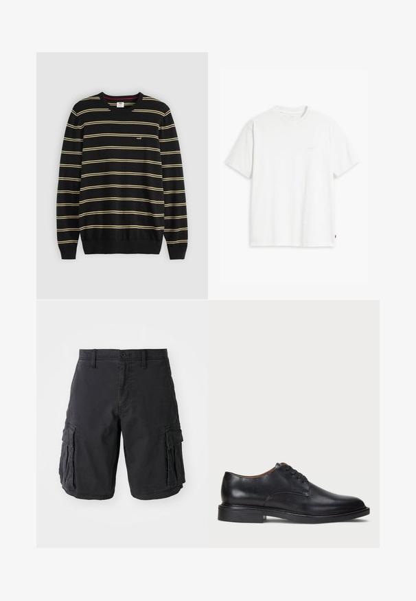 Zwarte trui met horizontale gele strepen, geribbelde ronde halslijn en omslagmouwen; klein logo op de linkerborst.; Witte katoenen T-shirt met korte mouwen, ronde hals en subtiele Levi's logo gedrukt in het midden. Zachte textuur en standaard pasvorm.; Zwarte cargoshorts van katoen, met meerdere zijzakken, een knoopsluiting en een relaxte pasvorm. Soepel textuur en sterke naden.; Zwart leren dresschoen met een ronde neus, vetersluiting en een lage gestapelde hak. Gladde textuur met minimale stiksels.