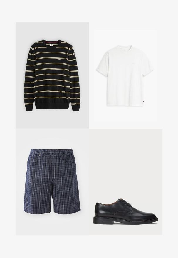 Maglione nero con strisce orizzontali gialle, colletto a girocollo ribattuto e maniche a polsino; piccolo logo sul lato sinistro del petto.; T-shirt bianca in cotone con maniche corte, colletto tondo e logo Levi's discreto stampato al centro. Texture morbida e vestibilità standard.; Pantaloni corti a quadri blu navy con vita elastica, dotati di tasche e vestibilità ampia. Realizzati in tessuto leggero con un design a scacchi.; Scarpa da uomo in pelle nera con punta rotonda, design con lacci e tacco basso impilato. Texture liscia con dettagli di cucitura minimi.