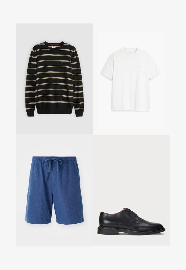 Suéter negro con rayas amarillas horizontales, cuello redondo acanalado y mangas con puños; pequeño logo en el lado izquierdo del pecho.; Camiseta de algodón blanca con mangas cortas, cuello redondo y sutil logo de Levi's impreso en el centro. Textura suave y ajuste estándar.; Bermudas azules de tejido con cintura elástica, cierre de cordón y bolsillos laterales. Largo corto con una superficie suave y texturizada.; Zapato de vestir de cuero negro con punta redonda, diseño con cordones y un tacón bajo apilado. Textura lisa con detalles de costura mínimos.