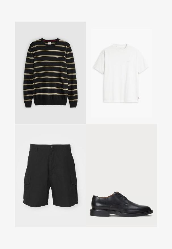 Zwarte trui met horizontale gele strepen, geribbelde ronde halslijn en omslagmouwen; klein logo op de linkerborst.; Witte katoenen T-shirt met korte mouwen, ronde hals en subtiele Levi's logo gedrukt in het midden. Zachte textuur en standaard pasvorm.; Zwarte cargoshorts van lichtgewicht stof, met twee zijzakken, een knoopsluiting en een ontspannen pasvorm tot net boven de knie.; Zwart leren dresschoen met een ronde neus, vetersluiting en een lage gestapelde hak. Gladde textuur met minimale stiksels.