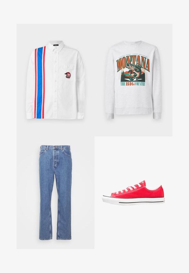 Harmaa huppari, jossa on suuri graafinen kuva hyppivästä kalasta, vuorista ja puista. Siinä on myös teksti "Montana The Big Country" oranssilla ja vihreällä.; Valkoinen nappikauluspaita, jossa on sinivalkoinen ja punavalkoinen raidallinen kuvio yhdellä puolella ja musta kirjaillut kypärälogo rintataskussa.; Siniset farkut suoran istuvuuden, viiden taskun suunnittelun, vyölenkkien ja napin kiinnityksen kanssa. Kangas on pehmeä ja tekstuuripintainen.; Punainen kangaskenkä, jossa on valkoinen kumitossu ja pohja. Varustettu viidellä parilla valkoisia rei'ityksiä, musta sivuviiva ja teksturoitu pinta.