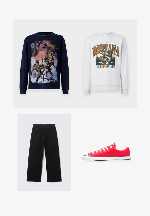 Hellgraues Sweatshirt mit einem großen Grafikmotiv eines springenden Fisches, Bergen und Bäumen, sowie der Aufschrift "Montana The Big Country" in Orange und Grün.; Marinefarbendes Langarm-T-Shirt mit einer Vintage-Star-Wars-Grafikillustration, die Charaktere und ein Wesen in einer verschneiten Landschaft zeigt.; Schwarze weit geschnittene Jeanshose aus Denim, ausgestattet mit einem klassischen Fünf-Taschen-Design und einem strukturierten Taillenbund mit Gürtelschlaufen.; Rote Canvas-Sneaker mit weißem Gummikappe und Sohle. Verfügt über fünf Paar weiße Ösen, schwarzen Seitenstreifen und strukturierte Oberfläche.