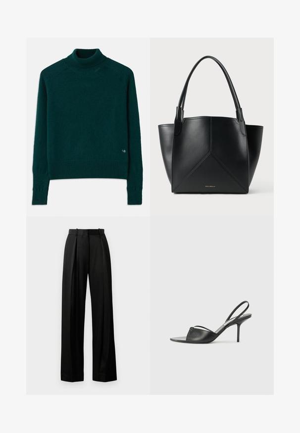 Minkšto trikotažo smaragdo spalvos golfo megztinis. Savybės: raukšlėti rankogaliai ir apatinė dalis, subtilus logotipas dešiniajame apatiniame kampe.; Juodos plačios kojos kelnės, pagamintos iš lengvos medžiagos, su pritaikytu siluetu, turinčios priekinę raukšlę ir plokščią juosmenį su kilputėmis.; Juodos odinės slingback aukštakulnės bateliai su smailiu priekiniu galu, plona kulkšnies juostele ir stiletto kulnu. Papuošti mazginio detalė vampyro dalyje.; Juodas odinis nešiojimo krepšys su geometriniu dizainu, turintis dvi rankenas ir auksinį prekės ženklą priekyje. Lygus paviršius ir struktūrizuota forma.