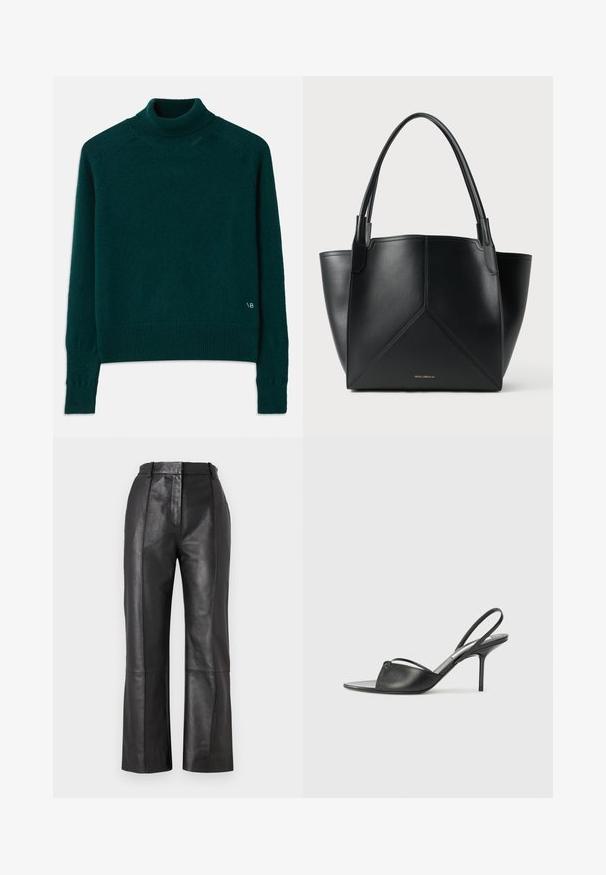 Tamszaļš augstais apkakles džemperis, kas izgatavots no mīksta adījuma auduma. Ar ribotām aprocēm un apakšmalu, kā arī ar smalku logotipa detaļu kreisajā apakšējā stūrī.; Melnas ādas bikses ar taisnu kāju dizainu, ar sānu šuvēm un gludu tekstūru, papildinātas ar paslēptu priekšējo rāvējslēdzēju.; Melnas ādas siksniņu augstpapēžu kurpes ar norādītu purngalu, plānu potītes siksniņu un stiletto papēdi. Arī ar sasietu detaļu uz vamp.; Melnas ādas plecu soma ar ģeometrisku dizainu, kas aprīkota ar divām rokturiem un zeltainu zīmolu priekšpusē. Gluda tekstūra un strukturēta forma.