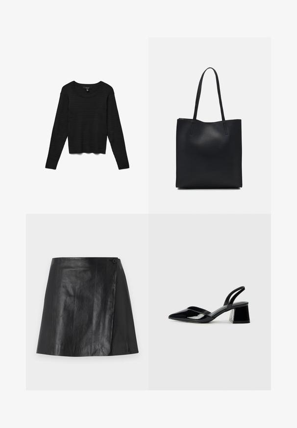 Melnas garām piedurknēm tops ar strukturētu, vafeļu adījuma dizainu, ar apaļu kakla izgriezumu un īsu taisnu apakšmalu.; Melnā mākslīgā ādas mini svārku ar apņemšanas priekšpusi, kas fiksēta ar pogu labajā pusē, gluda tekstūra un neliels spīdums.; Melna lakota āda ar atvērto papēdi, ar smailu purngalu un ģeometrisku blokpapēdi. Iezīmējas elegants, minimāls dizains un gluda tekstūra.; Melnas ādas somiņa ar gludu tekstūru, taisnstūra formu un divām garām rokturiem. Nav redzamu aparatūras vai rotājumu.