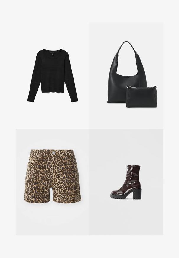 Melnas garām piedurknēm tops ar strukturētu, vafeļu adījuma dizainu, ar apaļu kakla izgriezumu un īsu taisnu apakšmalu.; Leparddrukas šorti smilškrāsas un brūnās nokrāsās, ar kabatām, pogu aizdari un pieguļošu dizainu. Izgatavoti no viegla auduma.; Spīdīgas bordo potīšu botītes ar masīlu melnu papēdi, kurām ir gluda tekstūra un vienkāršs dizains. Nav redzamu aizdari vai rakstu.; Even&Odd Rokassoma - black