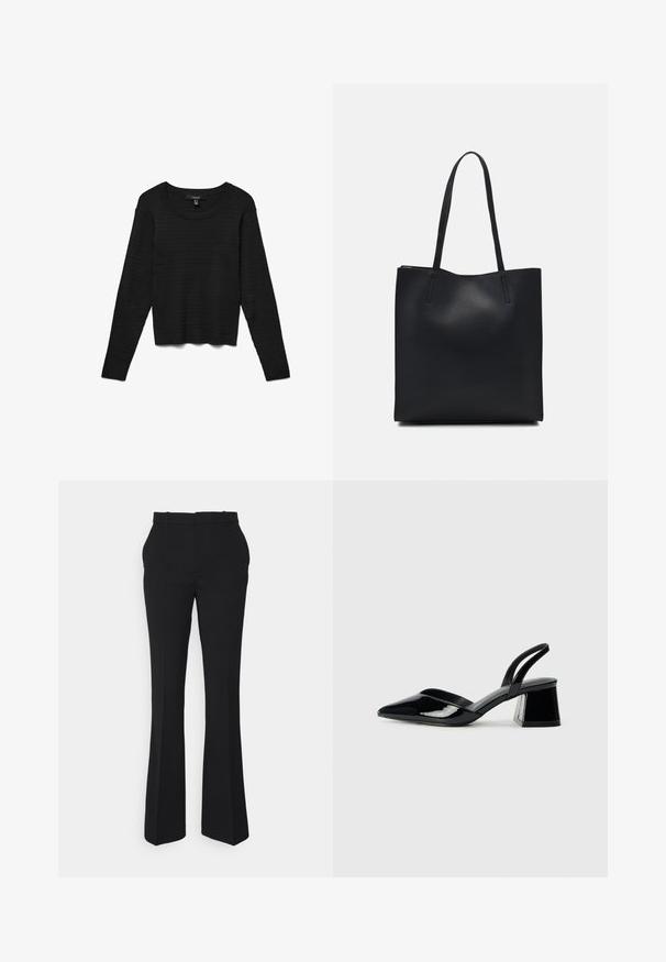 Haut noir à manches longues avec un design texturé en tricot gaufré, présentant un col rond et un ourlet droit court.; Pantalons évasés noirs en tissu lisse, avec une taille mi-haute, des passants de ceinture et une silhouette épurée et ajustée.; Escarpins en cuir verni noir avec bout pointu et talon bloc géométrique. Présente un design élégant et minimaliste ainsi qu'une texture lisse.; Sac fourre-tout en cuir noir avec une texture lisse, de forme rectangulaire et deux longues poignées. Pas de matériel ou d'ornementations visibles.