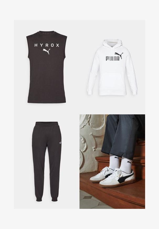 Vit hoodie med en känguruficka, prydd med en stor svart "PUMA"-logotyp och en puma-siluett på framsidan. Mjuk tygkvalitet.; Svart ärmlös sporttröja i bomull med "HYROX" i vita bokstäver och en vit Puma-logga nedanför texten.; Svarta joggare i mjukt material, med elastisk midja, avslutade anklar och en diskret logotyp på vänster lår.; Puma-sneakers i vit och svart mocka, med en brun gummisula. Kombinerade med vita strumpor som visar upp en svart logotyp, bärs tillsammans med mörka byxor.