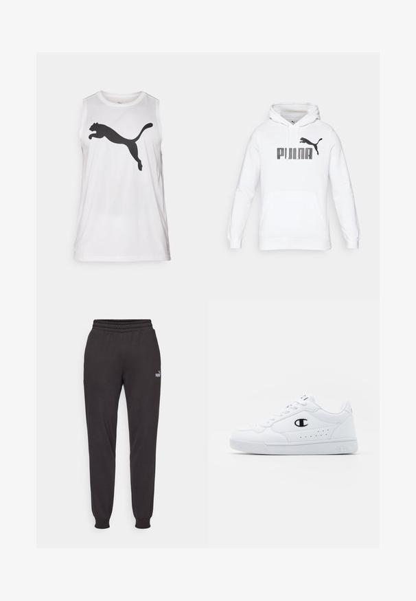 White hoodie with a kangaroo pocket, featuring a large black "PUMA" logo and a puma silhouette on the front. Soft fabric texture.; White sleeveless athletic tank top made of smooth fabric featuring a large black Puma logo on the front. Round neckline and regular fit.; Black joggers made of soft fabric, featuring an elastic waistband, cuffed ankles, and a subtle logo on the left thigh.; White athletic sneakers with a smooth synthetic upper, black logo accent, and perforated detailing on the side. Rubber sole.