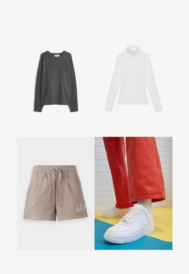 Szürke kötött pulóver széles nyakkivágással, hosszú ujjal és bordázott mandzsettákkal. Az anyag puha, enyhe textúrával rendelkezik és laza szabású.; Fehér, hosszú ujjú, garbónyakú felső sima, rugalmas anyagból készült. Magas nyakkal és testhezálló fazonnal rendelkezik, látható minták vagy díszítések nélkül.; Puha anyagból készült bézs rövidnadrág, rugalmas derékkal, behúzható zsinórral, és az alsó elülső részen hímzett "GAP" logóval.; Fehér bőr edzőcipő perforált orral, texturált talppal és fehér fűzővel, széles vörös nadrággal párosítva, kék és sárga háttérrel.