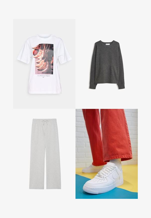 Šedý pletený svetr s širokým výstřihem, dlouhými rukávy a žebrovanými manžetami. Tkanina se zdá být měkká s jemnou texturou a volným střihem.; Bílý tričko s grafickým potiskem basketbalových bot a textem "Je to zcela nová hra" v modré barvě, kulatý výstřih, krátké rukávy.; Světle šedé tepláky z měkké bavlněné směsi, které mají široké nohavice, elastický pas s nastavitelnou šňůrkou a žádné kapsy.; Bílé kožené tenisky s perforovanou špičkou, texturovanou podešví a bílými tkaničkami, v kombinaci s širokými červenými kalhotami a modro-žlutým pozadím.