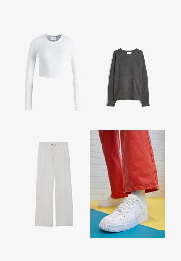 Harmaa neulepusero, jossa on leveä pääntie, pitkät hihat ja ribbineuleiset hihansuut. Kangas näyttää pehmeältä, siinä on lievää tekstuuria ja rento istuvuus.; Valkoinen pitkähihaiset crop-top ribbikankaasta. Omistaa pyöreän kaula-aukon ja istuvan muodon. Etiketti näkyy sisäpuolella kauluksessa.; Vaaleanharmaat collegehousut pehmeästä puuvillasekoitteesta, joissa on leveä lahje, joustava vyötärö, jossa on säädettävä nauha, eikä taskuja.; Valkoinen nahkakengät, joissa on rei'itetty varvasosa, teksturoitu pohja ja valkoiset nauhat, yhdistettynä leveisiin punaisiin housuihin ja sinikeltaiseen taustaan.