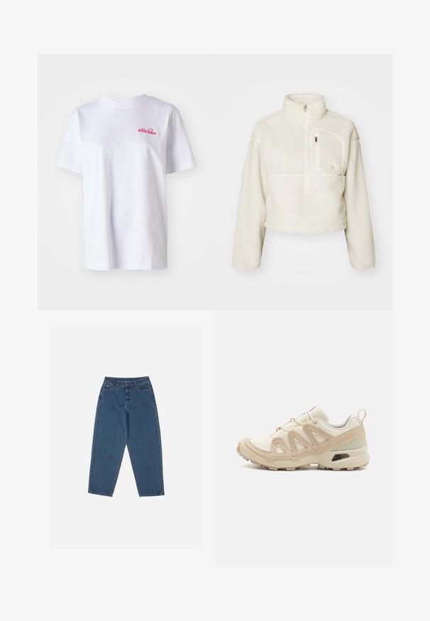 Dames cropped witte fleece pullover met hoge kraag, halve rits en een ritssluiting op de linkerborst.; Witte katoenen t-shirt met een ronde halslijn en korte mouwen. Heeft een klein roze geborduurd logo op de linkerborst.; Blauwe denim jeans met een ontspannen pasvorm, hoge taille, vijf-pocket ontwerp en stikselaccenten. Voorzien van een knoop- en ritssluiting.; Beige en crème sportschoen met een textuur-mesh bovenwerk, ondersteunende overlays en een rubberen zool met een profielpatroon voor grip.
