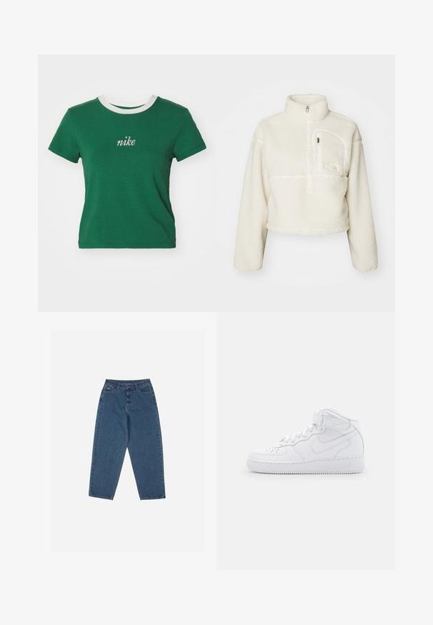 Dámsky skrátený biely fleecový pulóver s vysokým golierom, polovičným zipsom a zipsovou náprsní kapsou na ľavej strane.; Nike Sportswear Tričko s potlačou - gorge green/lorewood; Modré džínsy s uvoľneným strihom, vysokým pásom, dizajnom s piatimi vreckami a kontrastným prešívaním. Obsahujú zapínanie na gombík a zips.; Biele vysoké tenisky vyrobené z kože s polstrovaným golierom, perforovanou špičkou, šnúrkami a nastaviteľným popruhom na členku; logo na boku.