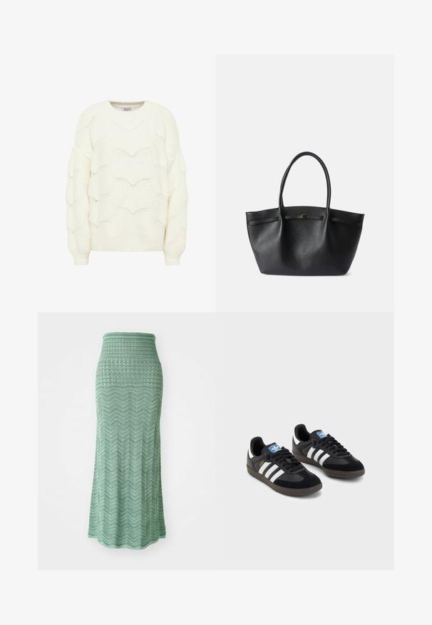 Kermavan värinen neulottu villapaita, jossa on karkean aallokon kuvio. Ominaisuuksiin kuuluu pyöreä pääntie ja pitkät hihat, joissa on resorireunukset.; sandro Maksihame - menthe à l'eau; Mustat lenkkarit, joissa on mokkanahka- ja synteettinen päällinen, kolmella valkoisella raidalla, tekstuurilla varustettu kumipohja ja sininen logo-etiketti kielellä.; Musta olkahihnallinen laukku, joka on valmistettu tekstuurisesta nahasta. Laukku on suorakaiteen muotoinen ja siinä on pieni kultainen yksityiskohta edessä. Ei lisätietoja.