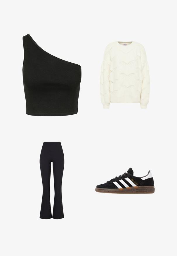 Suéter de punto color crema con un patrón de ondas texturadas. Presenta un escote redondo y mangas largas con puños acanalados.; Top corto negro de canalé con un diseño asimétrico de un solo hombro. La tela parece suave, con una textura lisa y una silueta ajustada.; Pantalones de campana negros de cintura alta, elaborados con tela elástica. Presentan una textura suave y una silueta ajustada en las caderas.; Zapatilla negra de Adidas con franjas blancas, texto dorado "Spezial", suela de goma y talón blanco, mostrada en vista lateral.