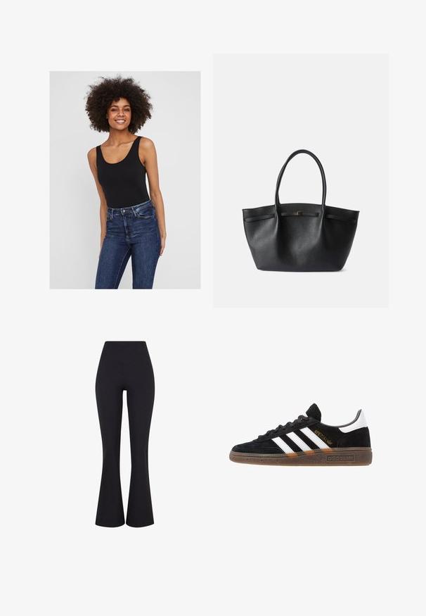 Cremefarvet strikket trøje med et struktureret bølgemønster. Har en rund halsudskæring og lange ærmer med ribbede manchetter.; Sort ærmeløs bodysuit med rund halsudskæring, parret med mørkeblå denim jeans. Glat stof med en tætsiddende design og minimale detaljer.; Sorte, højtsiddende, flagrende bukser lavet af strækstof. Har en glat overflade og en tætsiddende silhuet omkring hofterne.; Sort Adidas sneakers med hvide striber, guld "Spezial" tekst, gummisål og hvid hælflap, vist i profil.; Sort tote bag lavet af struktureret læder, med to håndtag, rektangulær form og en lille guldaccent foran. Ingen yderligere detaljer.