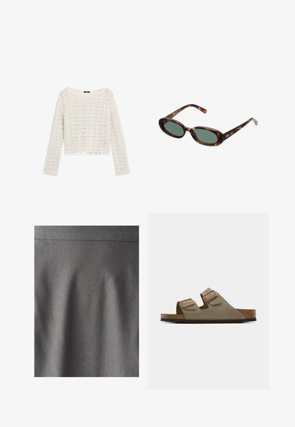 Hæklet striktrøje i creme med løs pasform, lange ærmer og bølget kant. Har åbne vævede mønstre for en åndbar tekstur.; Grå stof med en glat, ensartet tekstur. En subtil glans fremhæver rene linjer og folder, hvilket indikerer et struktureret design. Ingen synlige mønstre eller tryk.; Lys taupe ruskindsandale med to justerbare stropper og hardware i rosaguld. Korkfodbed på en tekstureret brun sål. Åben tå-design.; Skildpaddemønstrede solbriller med ovale stel og grønne linser. Har tynde arme med en metallisk detalje nær hængslerne.