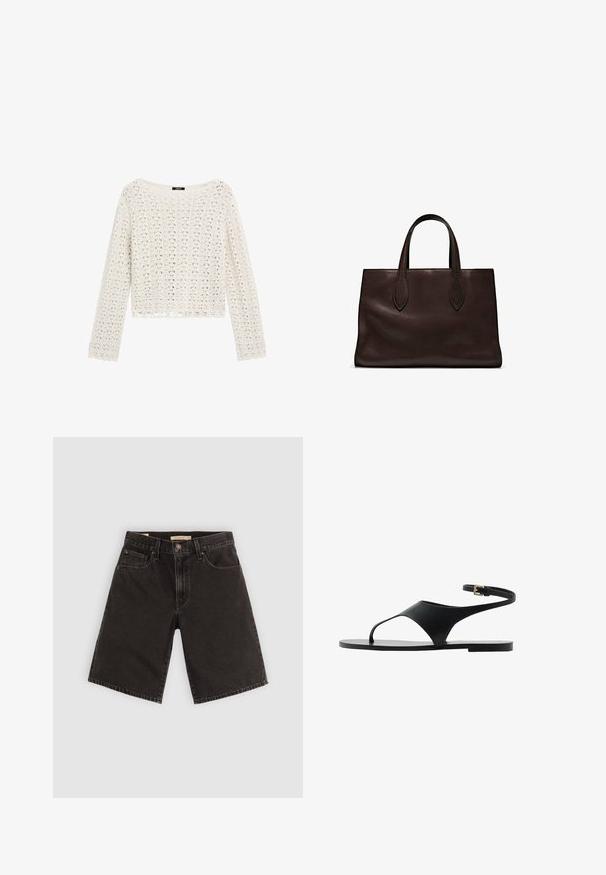 Gehaakte trui in crème met een losse pasvorm, lange mouwen en een golvende zoom. Bevat opengewerkte patronen voor een ademende textuur.; Zwarte denim shorts met een rechte snit, vijf zakken en metalen hardware, van een gestructureerde stof met een standaard tailleband.; Zwarte platte sandalen met een minimalistisch ontwerp, voorzien van een enkele band en een enkelgesp. Gemaakt van een glad materiaal, met een platte zool.; Bruine leren tote bag met twee verlengde handvatten, gestructureerde rechthoekige vorm, gladde textuur en subtiele stiksels.