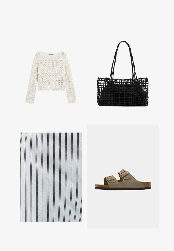 Häkelpullover in Creme mit lockerer Passform, langen Ärmeln und gewelltem Saum. Verfügt über offene Gewebemuster für eine atmungsaktive Textur.; Baumwollstoff mit vertikalen weißen und dunkelblauen Streifen. Die Textur ist glatt und weist einen gleichmäßigen Abstand zwischen den Linien auf.; Helle taupe Wildledersandale mit zwei verstellbaren Riemen und rose-goldener Hardware. Korkfußbett auf einer strukturierten braunen Sohle. Offenes Zehendesign.; Schwarze geflochtene Handtasche mit einem offenen Netzdesign und zwei langen Griffen. Verfügt über eine solide schwarze Innentasche zur Aufbewahrung.