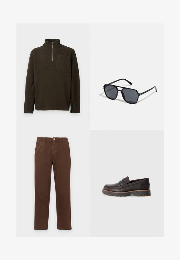 Brauner Fleece-Pullover mit hohem Kragen, halbem Reißverschluss und Brusttasche. Weiche Textur und lockere Passform, mit langen Ärmeln.; Braune Baumwollhosen mit geradem Bein, Fronttaschen und metallischem Knopfverschluss. Sie haben eine glatte Textur und ein minimalistisches Design.; Braune Lederloafers mit niedrigem Profil, gesteppten Details, einer leicht erhöhten Gummisohle und einer glatten Oberfläche.; Schwarze Sonnenbrille mit achteckigem Rahmen, dunklen Gläsern, glänzender Oberfläche, dünnen Bügeln und goldenen Akzenten auf der Vorderseite.