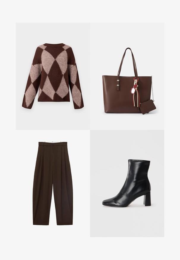Maglione lavorato a maglia marrone e beige chiaro con un motivo a rombi, dotato di maniche lunghe e scollatura tonda, realizzato in un morbido tessuto testurizzato.; Blusa a maniche lunghe in tessuto increspato marrone scuro. Presenta un alto colletto con dettaglio a fiocco e maniche con polsini. Tessuto morbido e leggero.; Pantaloni marroni a vita alta con pieghe, realizzati in tessuto morbido. Vestibilità ampia, design a gamba dritta, dotati di passanti per cintura e chiusura con zip.; Stivaletto in pelle nera con punta affusolata e tacco a blocco strutturato. Texture liscia con un design elegante e minimalista.; Borsa a tracolla in pelle marrone con due manici, dettagli in metallo argentato, frange decorative e un piccolo portafoglio con cerniera abbinato attaccato.; Spilla floreale dorata con una perla bianca centrale, circondata da petali di gemme multicolori e brillanti strass trasparenti.