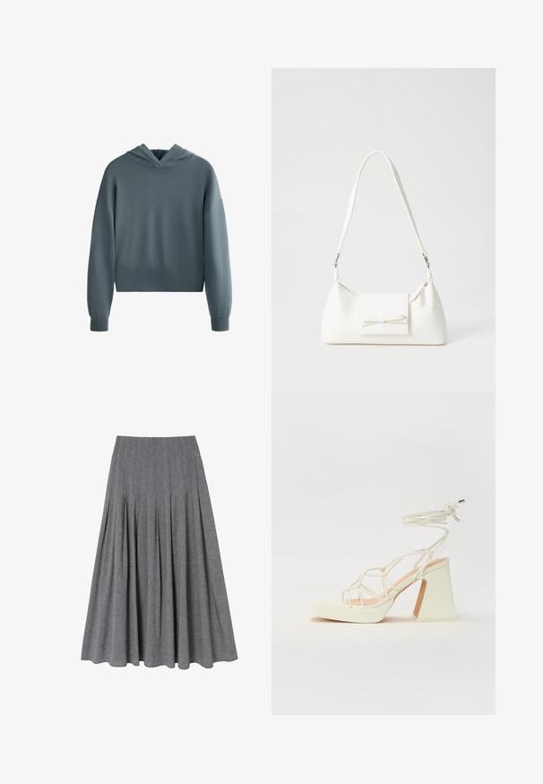 Bluza z kapturem z miękkiej, stonowanej niebieskiej tkaniny. Charakteryzuje się skróconym fasonem, szerokimi rękawami oraz czystym, minimalistycznym wykończeniem.; Szara plisowana spódnica wykonana z lekkiego materiału. Posiada dopasowaną talię i delikatnie rozszerza się ku dołowi, zapewniając gładką teksturę.; Biała sandał na wysokim obcasie z masywnym słupkiem, z paskowym wzorem i wiązaniem przy kostce. Gładka faktura z platformą z przodu dla dodatkowej wysokości.; Biała syntetyczna torba o trójkątnym kształcie, płaskim przednim klapce i detalach w postaci kokardy, regulowanym pasku, gładkiej fakturze oraz minimalistycznym designie.
