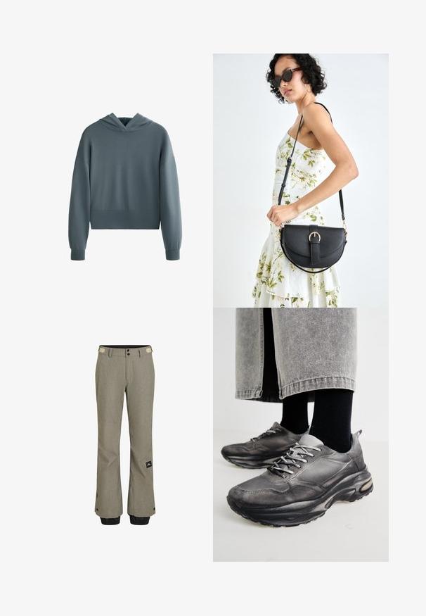 Sweat-shirt à capuche en tissu bleu doux et apaisant. Présente un design court, des manches larges et une finition épurée et minimaliste.; Pantalons de ski gris clair avec une finition texturée, présentant des poignets élastiques noirs, deux boutons et un patch logo sur le côté.; Des chaussures de sport noires et grises présentent un dessus en mesh, des semelles épaisses et des lacets. Elles ont un bout arrondi et des détails de rembourrage visibles.; Sac à main en cuir noir avec une forme courbée, bandoulière amovible et des accessoires en or. Le sac est doté d'un rabat avec un détail de boucle.