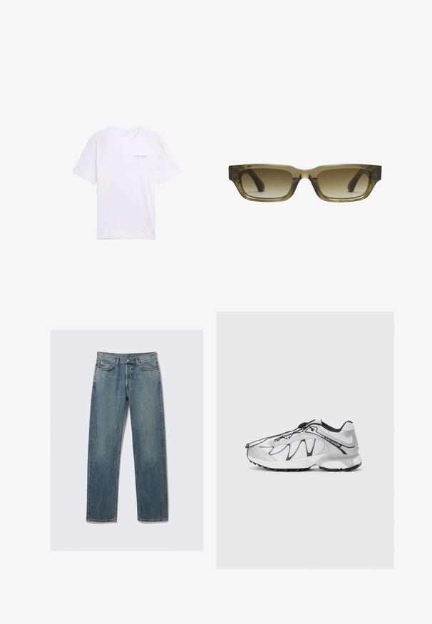 Pilka trumpa džemperiai, pagaminta iš švelnaus medžiagos, turi priekinę kišenę, plačius rankovės ir klasiką su raišteliu priderintą kapučiną.; Balta medvilninė marškinė su trumpomis rankovėmis, apvaliu kaklu ir mažu spausdintu logotipu kairėje krūtinės pusėje. Lygi tekstūra, laisvalaikio dizainas.; Mėlynos tiesios džinsinės kelnės su priekiniais ir monetų kišenėmis, diržo kilputėmis ir metaliniu mygtuku užsegimui ant vientiso fono.; Balti sportiniai bateliai su tinklelio viršumi, juodais akcentais, tekstūruotu guminio pado ir elastinga šnūrų sistema. Lengvi, su šiuolaikišku dizainu.; Rudos gradiento saulės akiniai su stačiakampiu pavidalu, storais rėmeliais ir juodomis šakėmis. Skaidri ruda medžiaga suteikia gylio.