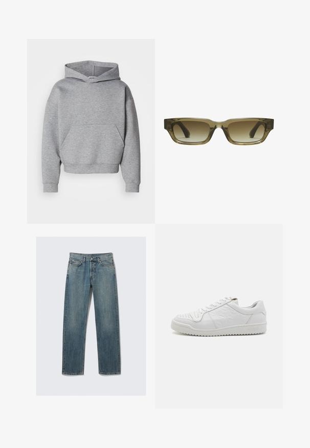 Szürke, rövidített kapucnis pulóver, puha anyagból készült, elülső zsebe van, széles ujjai és klasszikus húzózsinórral ellátott kapucnija.; Kék egyenes szabású farmernadrág elülső és pénztárca zsebekkel, övhurkokkal és fémből készült gombos záródással egy sima háttér előtt.; Fehér bőr sportcipők, textúrált oldalsó panellel és perforált orral, lapos fűzőkkel és megemelt gumi talppal. A márkaneve, "SANDRO", a sarokba van gravírozva.; Barna gradiens napszemüveg, téglalap alakú, vastag kerettel és fekete szárakkal. Átlátszó barna anyag dimenziót ad a kinézetnek.