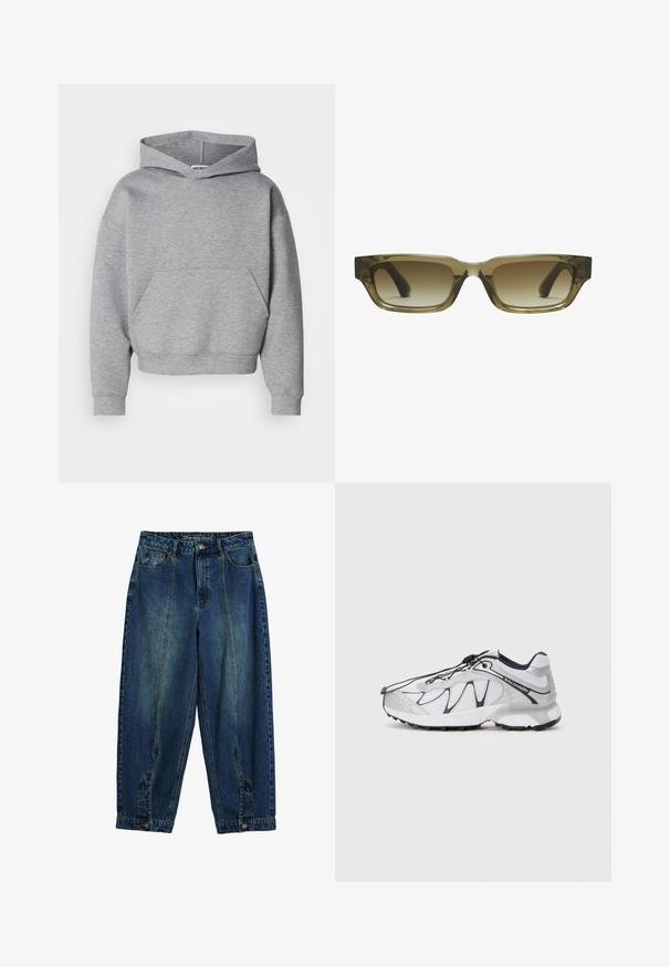 Sudadera gris cortada hecha de un material suave, cuenta con un bolsillo frontal, mangas anchas y una capucha clásica con cordón.; Pantalones de mezclilla con un clásico lavado azul, diseño de cintura alta, ajuste holgado, bolsillos delanteros y traseros, y cierre de botón en la cintura.; Zapatillas deportivas blancas con parte superior de malla, detalles en negro, suela de goma texturizada y sistema de cordones elásticos. Ligeras y con un diseño moderno.; Gafas de sol con degradado marrón, de forma rectangular, con montura gruesa y robusta, y varillas negras. El material transparente marrón añade dimensión.