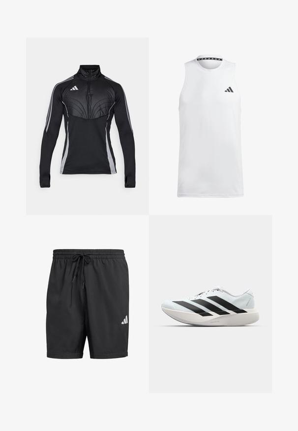 Černý sportovní pulovr se zipem u límce, obsahující prošívanou horní část, šedé boční pruhy a otvory na palce v rukávech pro lepší uchopení.; Bílé bezrukávové sportovní tílko vyrobené z hladké látky. Má černé logo na levé části hrudi a vzorovaný černý výstřih.; Černé sportovní šortky vyrobené z lehké tkaniny, s elastickým pasem na šňůrku a bílým logem Adidas v dolní pravé části.; Lehké běžecké boty v světle modré barvě s černými pruhy. Mají hladký svršek, kulatou špičku a silnou bílou mezipodešev označenou "LIGHTSTRIKE PRO."