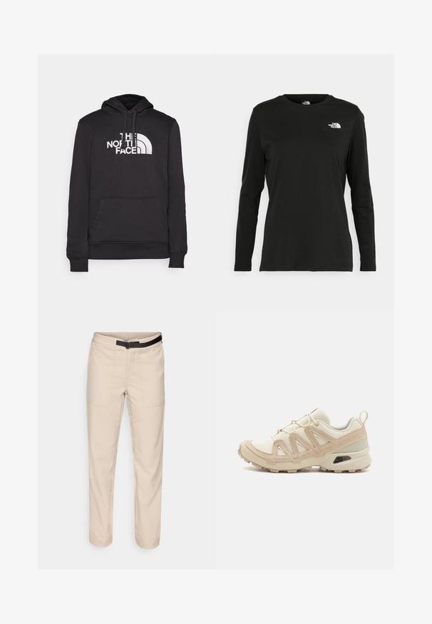 Camisola (hoodie) preta feita de uma mistura de algodão, com bolso canguru, capuz com cordão ajustável e graphic frontal em texto branco e logotipo.; T-shirt preto de mangas longas, feito de algodão, com decote redondo. Apresenta um pequeno logótipo branco na área esquerda do peito. Design simples e ajuste confortável.; Calças bejes com uma textura suave, apresentando dois bolsos frontais, um cinto preto e um design de perna reta.; Sapatilha atlética beige e creme com parte superior em malha texturizada, sobreposições de suporte e sola de borracha com um padrão de cravo para tração.