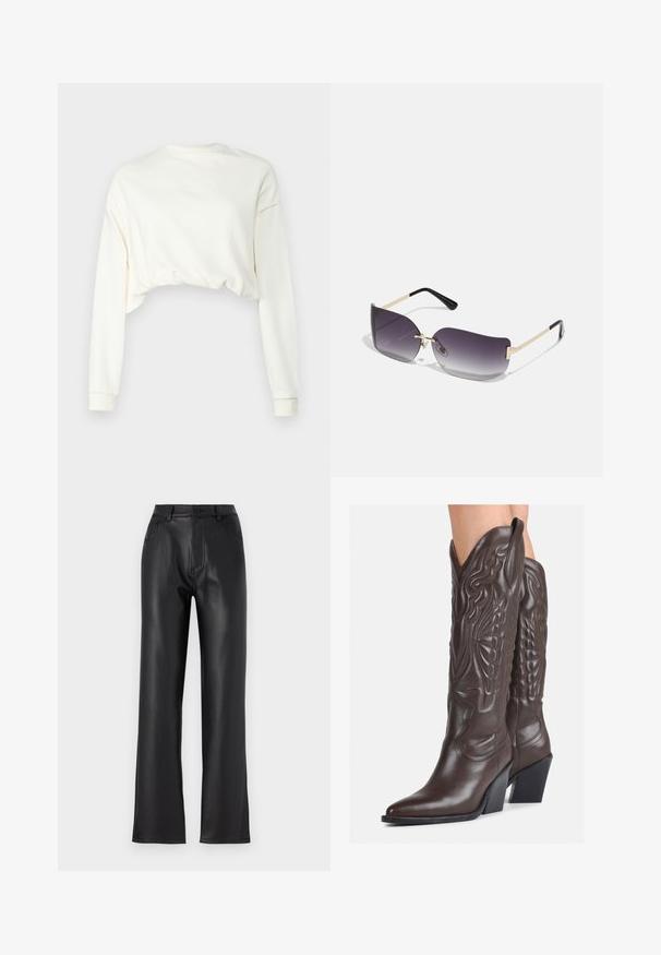 Afgeknotte sweatshirt met lange mouwen in off-white katoen. Heeft een ronde halslijn en ribgebreide manchetten. Gladde textuur met een relaxte pasvorm.; Zwarte neplederen broek met een recht gesneden ontwerp, voorzien van voorzakken, een ritssluiting en een knoopsluiting. Gladde textuur.; Bruine leren cowboylaarzen met een spitse neus en blokhak, voorzien van gedetailleerde stiksels en verhoogde accenten op de schacht.; Zonnebril met grijze gradientlenzen, gouden metalen montuur en zwarte plastic accenten. Unieke vlinder-vormige lenzen met dunne pootjes.; Gouden creolen met een gladde, glanzende afwerking. Circulaire vormgeving met een kleine post en een doorzichtige achterkant voor een veilige draagervaring.