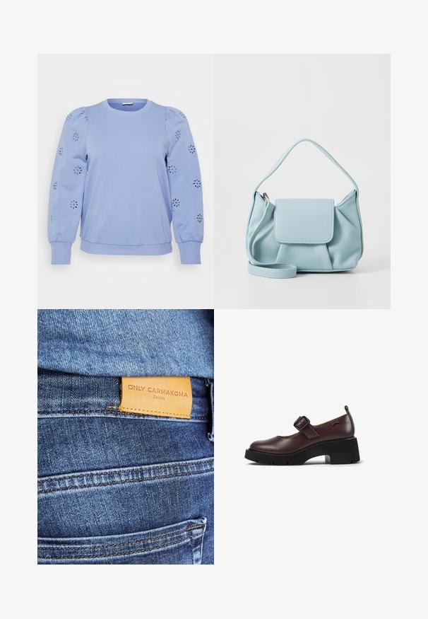 Sweater pulover de culoare bleu deschis cu mâneci bufante, având modele florale brodate pe mâneci și un tiv și manșete ribbed.; Jeans din denim albastru cu o etichetă din piele maro pe care scrie "ONLY CARMKOMA Denim," cu cusături vizibile și un detaliu de buzunar lateral.; Pantofii Mary Jane din piele bordeaux cu o cataramă pătrată, vârf rotund și un toc gros negru, cu un model de profil.; Geantă din piele bleu deschis cu mânere de sus, buzunar frontal cu clapetă și curea detașabilă pentru încheietura mâinii, pe un fundal alb.