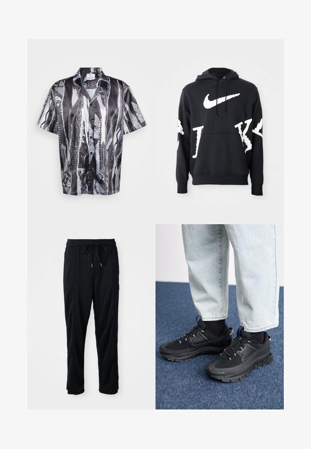Felpa nera con cappuccio realizzata in morbido tessuto, con grande logo Nike bianco e grafiche testuali di dimensioni varie sulla parte anteriore e sulle maniche.; Camicia a maniche corte con bottoni in bianco e nero, caratterizzata da un motivo a serpente testurizzato, con colletto rilassato e finitura in tessuto liscia.; Pantaloni casual neri con elastico in vita, tasche laterali e taglio dritto su uno sfondo uniforme.; Scarpe sportive nere con tessuto testurizzato e suole in gomma, dotate di lacci elastici e un accento blu sul tallone. Indossate con pantaloni in denim chiaro.