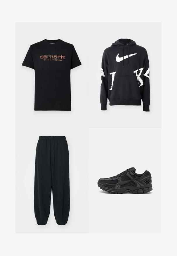 Fekete kapucnis pulóver, puha anyagból készült, nagy fehér Nike logóval és különböző méretű szöveges grafikákkal az elején és az ujjakon.; Fekete pamut póló rövid ujjakkal és kerek nyakkal. Elöl fémes piros és arany szöveg található: "carhartt. MUNKÁBAN."; Fekete, rugalmas derékpántos melegítőnadrág, laza fit, véget érő szárakkal, sima textúrával, látható minták vagy hardver díszek nélkül.; Fekete sportcipő, hálós felsőrésszel, gumitalppal és texturált részletekkel. A dizájn kiemelkedő fűzőrendszert és párnázott talpat tartalmaz.