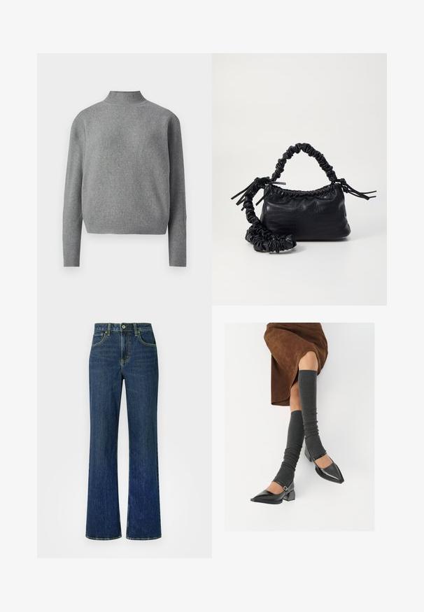 Suéter de malha canelada cinza claro com gola alta e mangas longas, exposto contra um fundo branco.; Calças de ganga azul escura ligeiramente desbotadas, com cintura alta, perna larga e design clássico de cinco bolsos. Costuras amarelas em destaque por toda a peça.; Sapatos pretos de pele lacada com biqueira pontuda, salto bloco e tiras no tornozelo, combinados com caneleiras cinzas em malha e uma saia de camurça castanha.; Bolsa de mão em couro sintético preto com textura de crocodilo, topo franzido e alça enrugada. Apresenta um design suave e compacto.