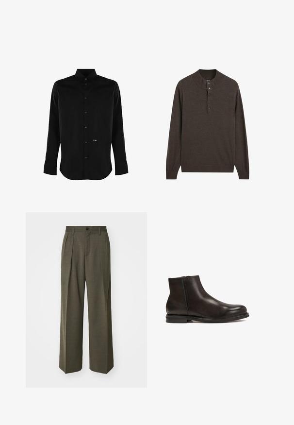 Pull en laine marron à manches longues avec un col montant et une patte de boutonnage à trois boutons. Fabriqué en tissu doux, il présente une texture lisse et des poignets côtelés.; Chemise noire à manches longues avec une fermeture à boutons sur le devant, col classique et détail de tag discret. Tissu lisse avec une coupe cintrée.; Filippa K WIDE TROUSERS - Pantalon classique - driftwood; Bottine en cuir noir avec une texture lisse, bout arrondi et un petit talon. Dispose d'une fermeture éclair sur le côté pour un enfilage facile.