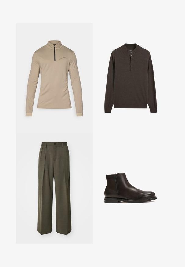 Brauner Langarm-Pullover mit hohem Kragen und einer Knopfleiste mit drei Knöpfen. Aus weichem Stoff gefertigt, zeichnet er sich durch eine glatte Textur und gerippte Bündchen aus.; Beige Langarmshirt mit hohem Kragen und einem halben Reißverschluss. Verfügt über eine diagonale Naht und dezente Markenkennzeichnung auf der Brust. Sanfte Textur.; Filippa K WIDE TROUSERS - Stoffhose - driftwood; Schwarze Leder-Ankle-Boots mit glatter Textur, runder Zehenform und niedrigem Absatz. Verfügt über einen seitlichen Reißverschluss für einfaches An- und Ausziehen.