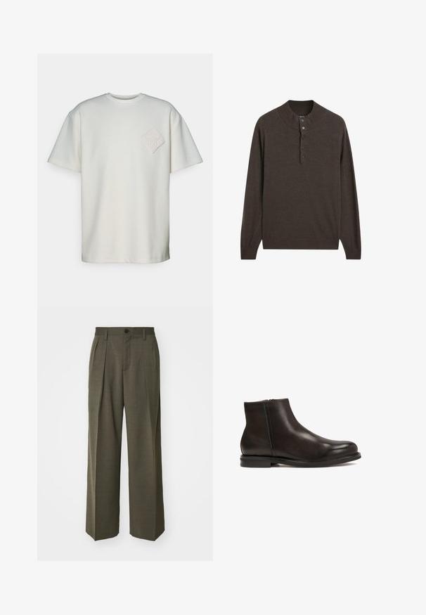 Bruine lange mouwen trui met een hoge kraag en een placket met drie knopen. Gemaakt van zachte stof, heeft het een gladde textuur en geribbelde manchetten.; Korte mouw t-shirt in off-white katoen, met een textuur diamant patch met een reliëf ontwerp op de linkerkant van de borst.; Filippa K WIDE TROUSERS - Broek - driftwood; Zwarte leren enkelboot met een gladde textuur, ronde neus en een lage hak. Voorzien van een zijrits voor gemakkelijk aan- en uittrekken.